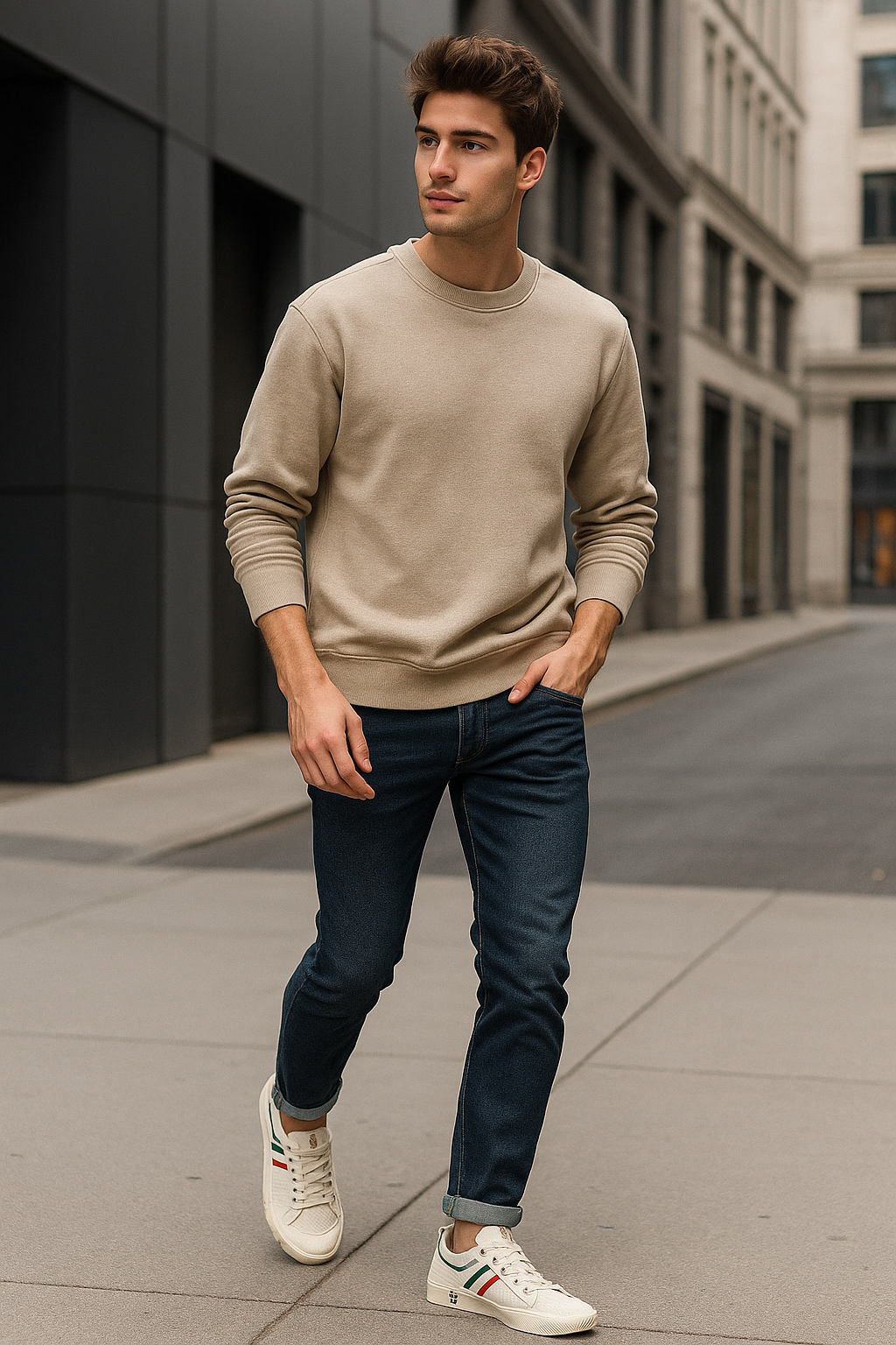 Homme élégant marchant en ville, vêtu d’un sweat beige, jeans et baskets blanches, style urbain moderne – ALTAREV