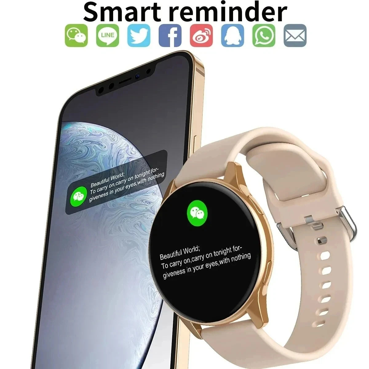 Montre intelligente dorée avec bracelet beige recevant une notification WeChat synchronisée avec un smartphone.