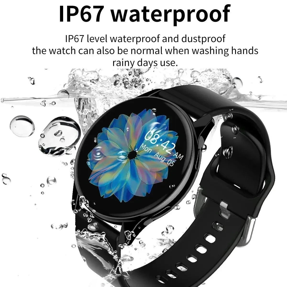 Montre connectée noire en plein contact avec l’eau, illustrant sa résistance IP67 pour lavage des mains et jours de pluie.