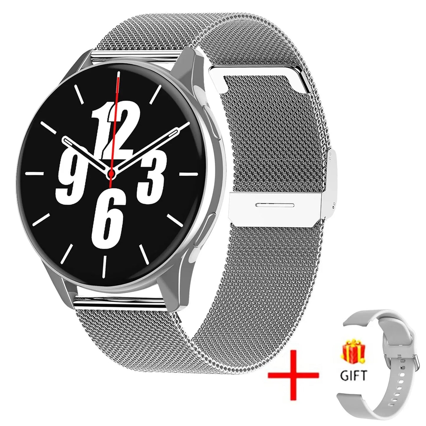 Vue de face d’une montre connectée LIGE argentée avec cadran numérique grand format et bracelet en maille métallique, accompagnée d’un bracelet cadeau supplémentaire.