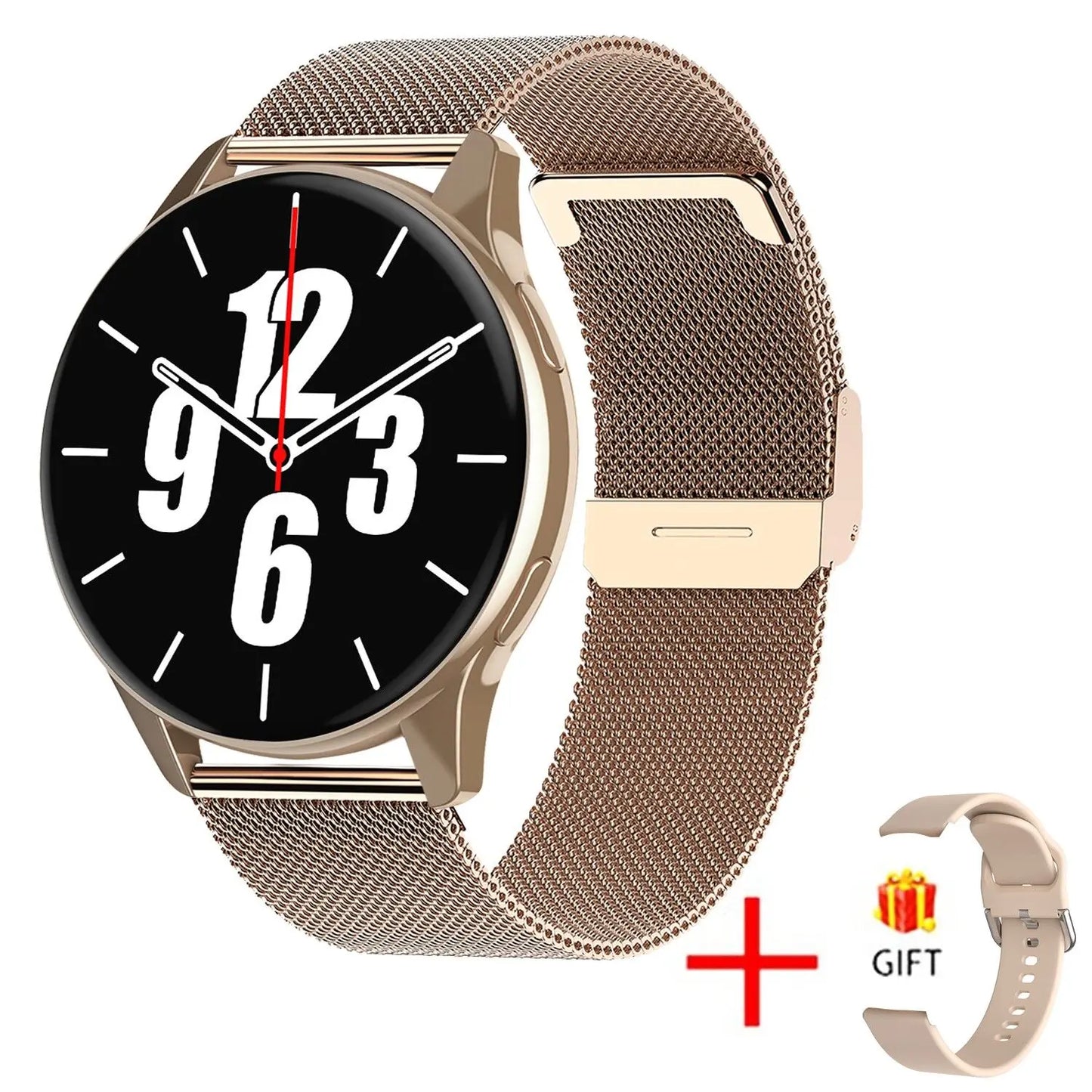 Montre connectée LIGE couleur or rose avec cadran noir surdimensionné, bracelet milanais élégant et bracelet supplémentaire offert.