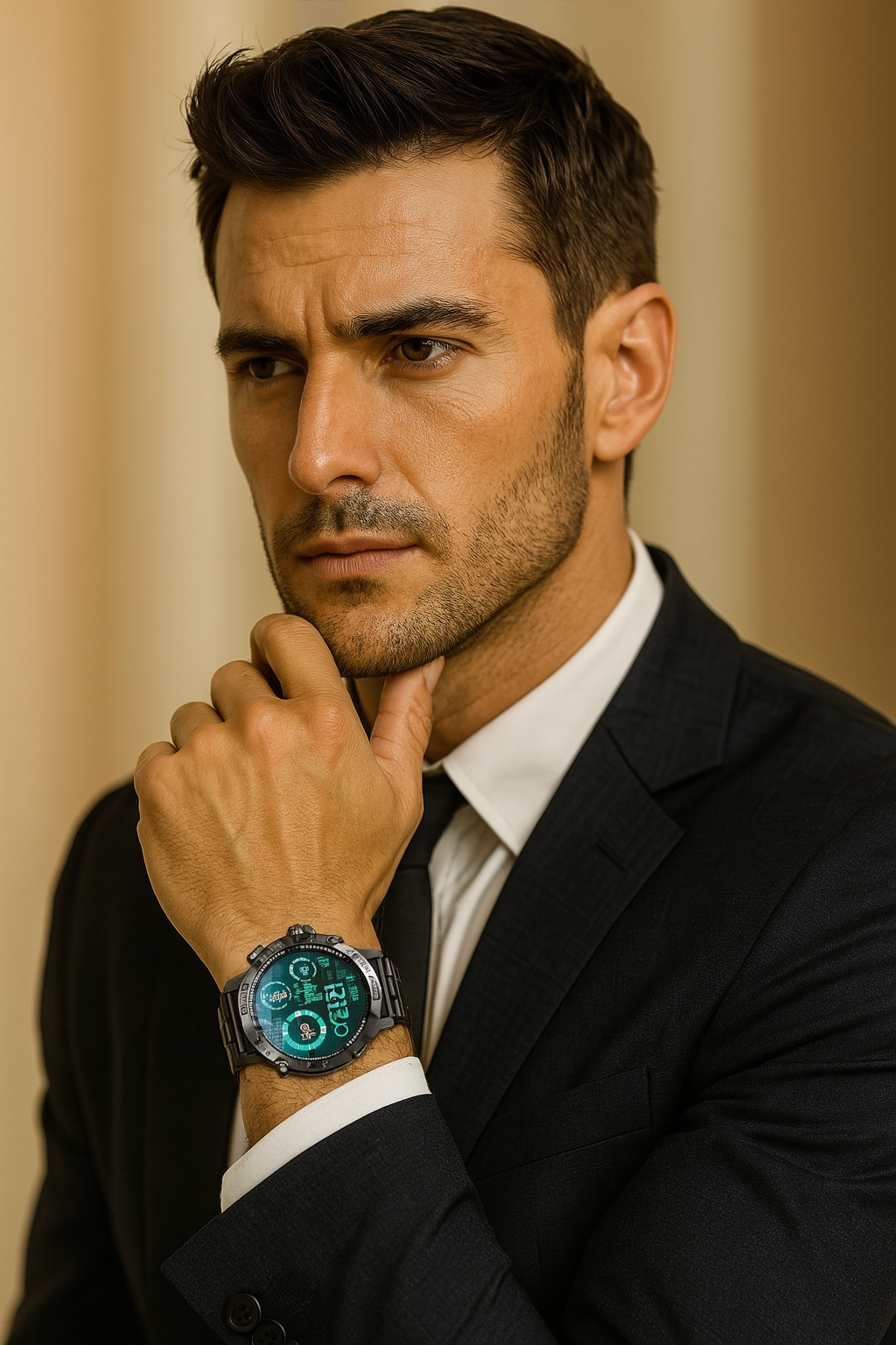 Homme élégant en costume portant une montre connectée noire avec cadran digital vert fluo, associant style professionnel et technologie moderne – ALTAREV