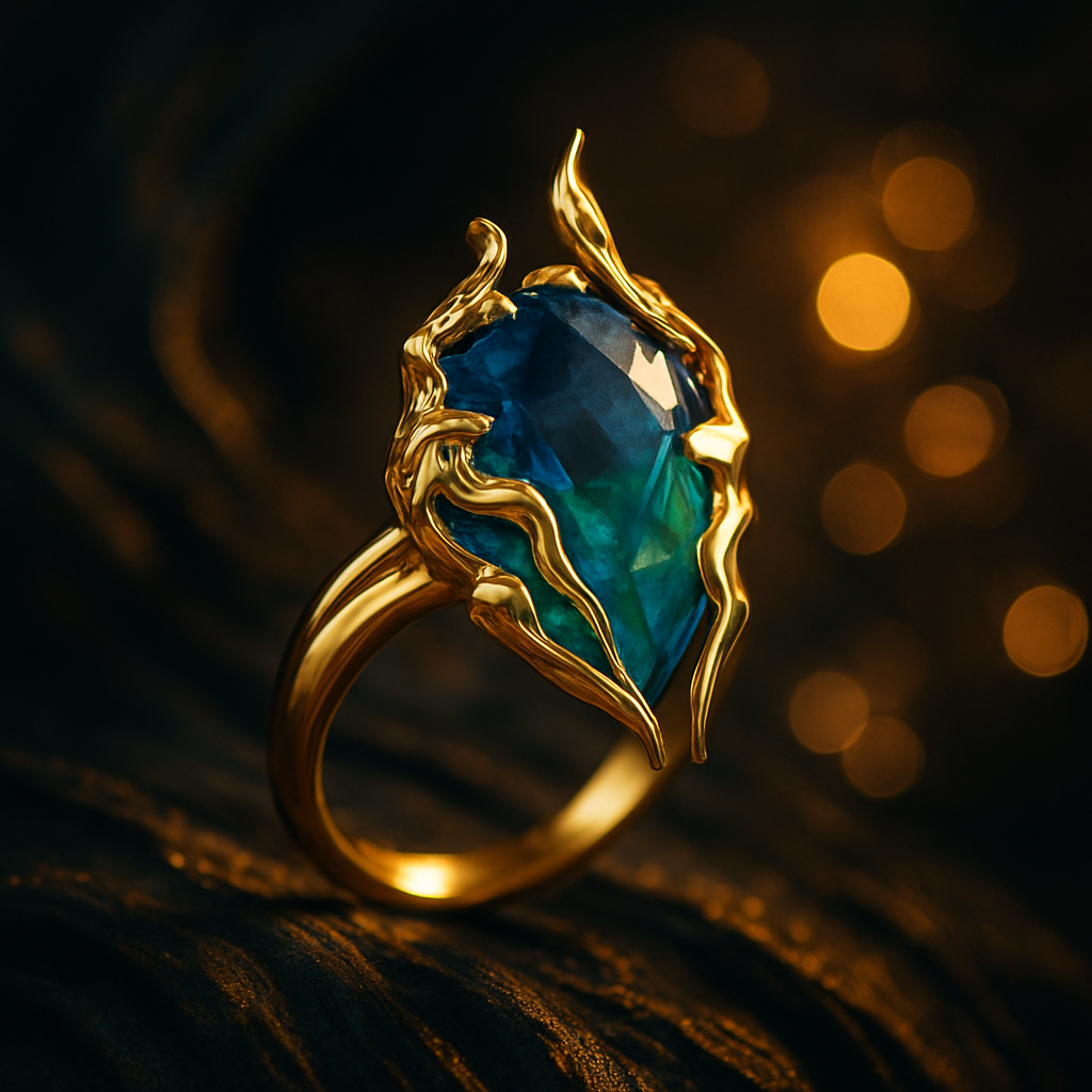 Bague dorée ornée d’une pierre zircon bleue et verte en forme de flamme, posée sur une surface noire avec reflets dorés en arrière-plan — ALTAREV