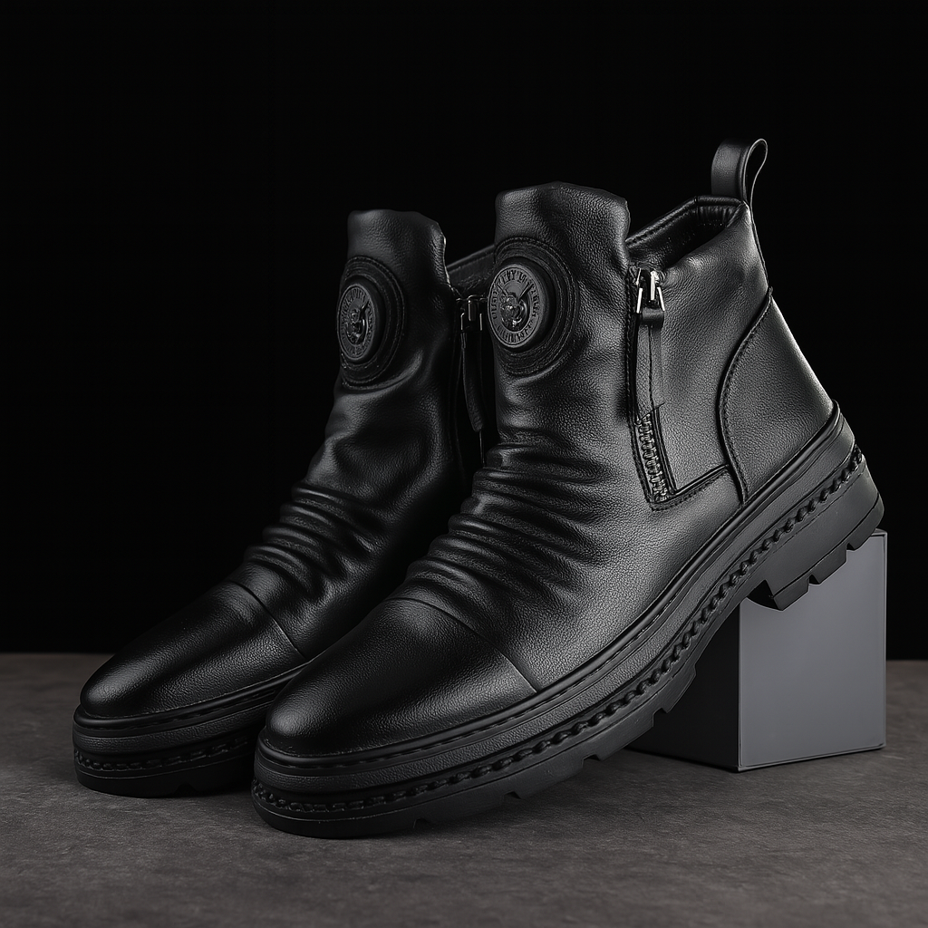 Bottes ultra noir pour homme avec fermeture éclair, semelle épaisse et finition élégante, idéales pour l’hiver.