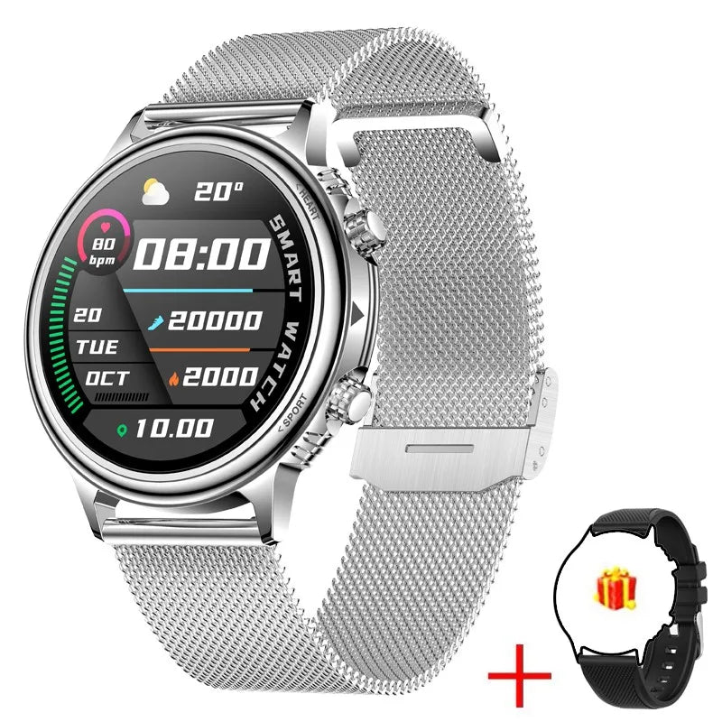 Montre connectée LIGE argentée avec bracelet maille métallique, écran digital et une montre noire offerte dans le coffret.