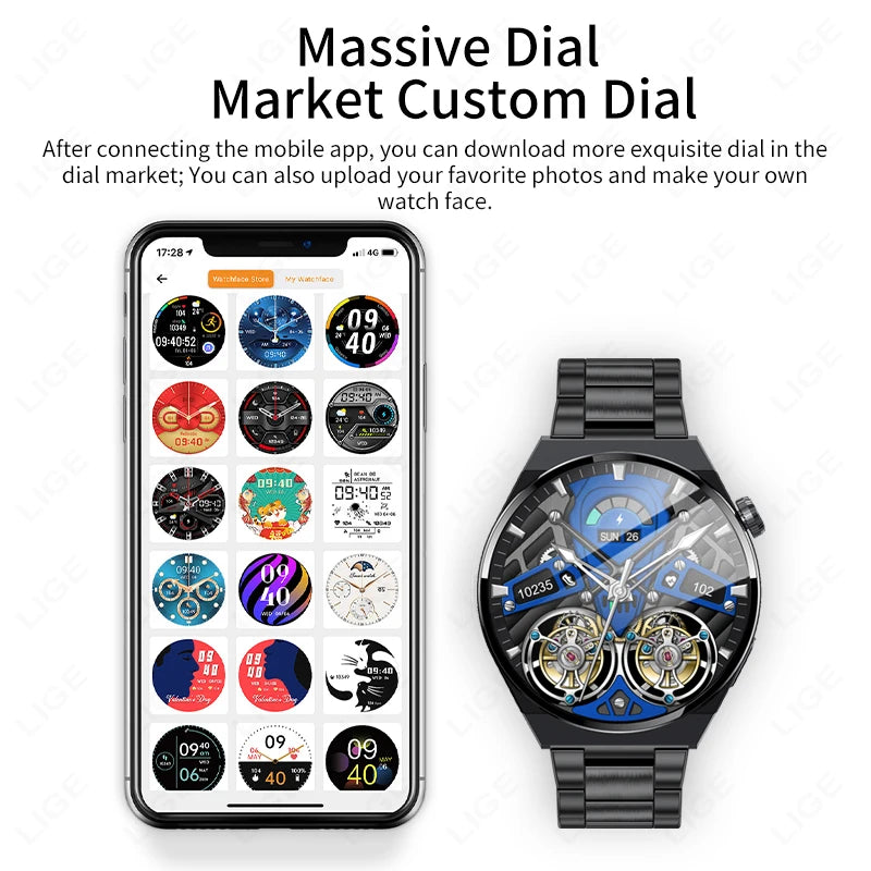 Montre connectée LIGE avec cadrans personnalisables — Interface mobile et multiples designs de cadrans au choix
