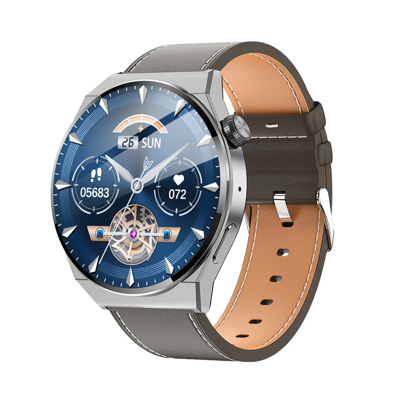 Montre connectée LIGE avec bracelet en cuir marron et cadran bleu — Suivi des pas, du rythme cardiaque et affichage analogique élégant