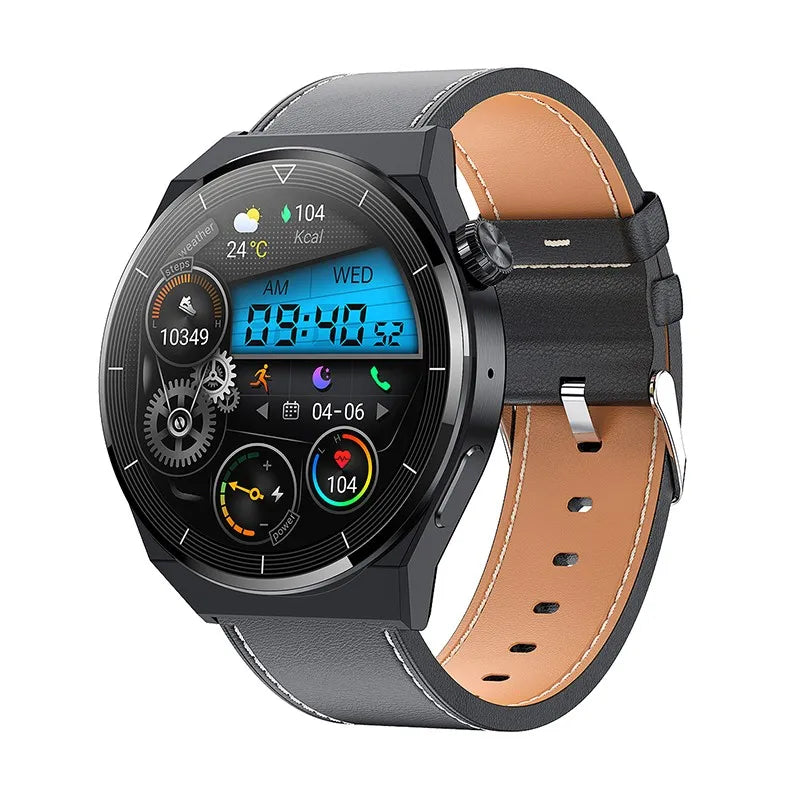 Montre connectée LIGE avec bracelet en cuir noir et interface digitale multifonctions — affichage de l’heure, météo, fréquence cardiaque, pas, calories, et appels