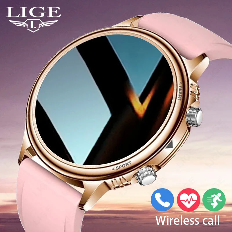 Montre connectée LIGE femme rose avec appels sans fil, suivi santé et design élégant.