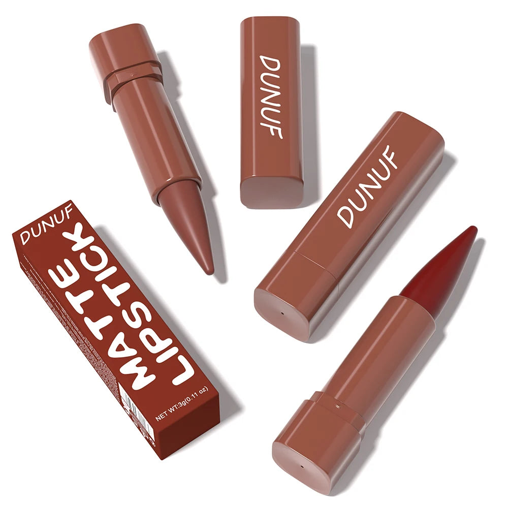 Crayons à lèvres DUNUF ouverts et fermés – Packaging mat avec boîte, couleur naturelle brun-rouge