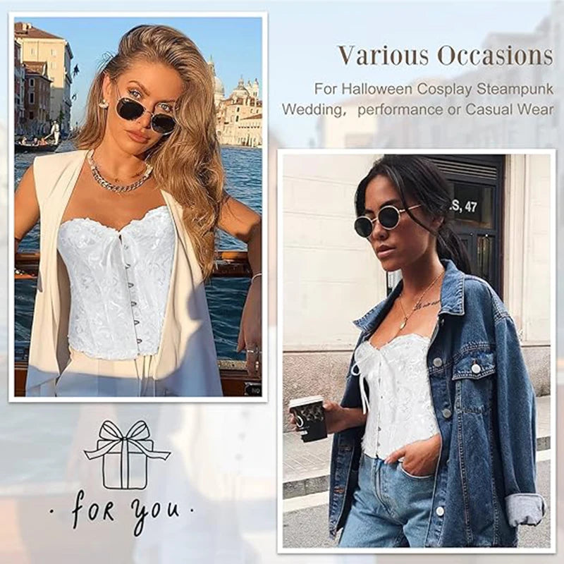 Tenue ALTAREV avec bustier blanc porté en extérieur, look affirmé et sophistiqué.
