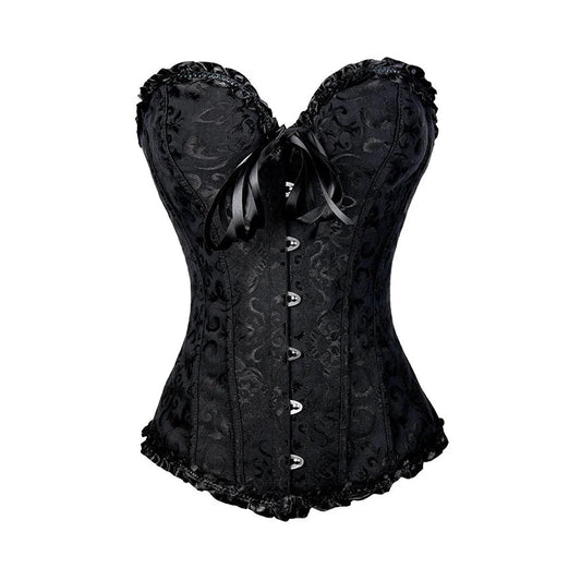 Bustier noir baroque ALTAREV avec détails satinés, laçage frontal et silhouette sculptée.
