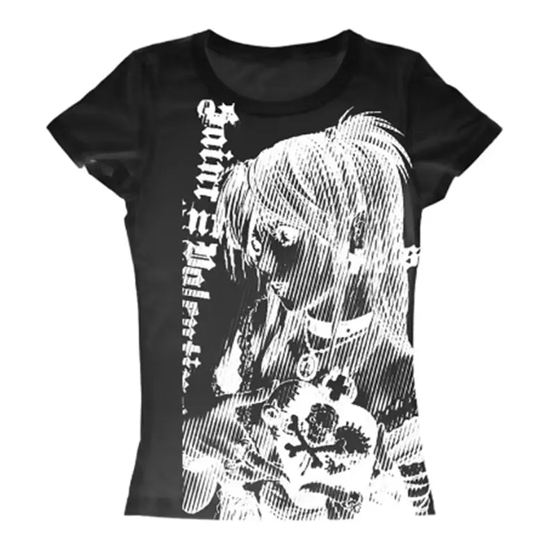 T-shirt graphique noir inspiré du style Harajuku des années 90, au design manga mystérieux.