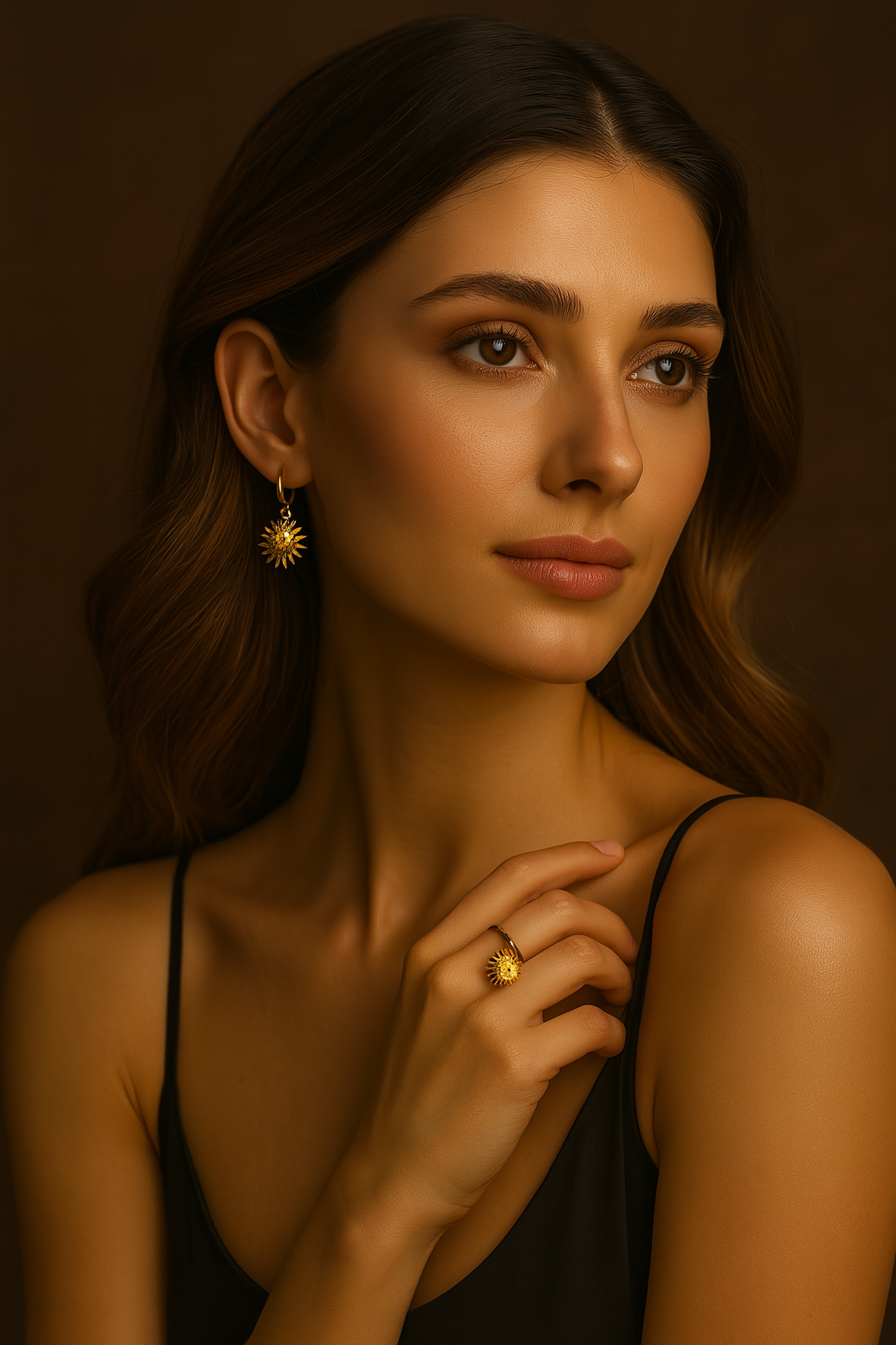 Portrait d’une femme élégante portant une paire de boucles d’oreilles dorées en forme de soleil, assortie à une bague dorée sur fond brun chaleureux – ALTAREV.