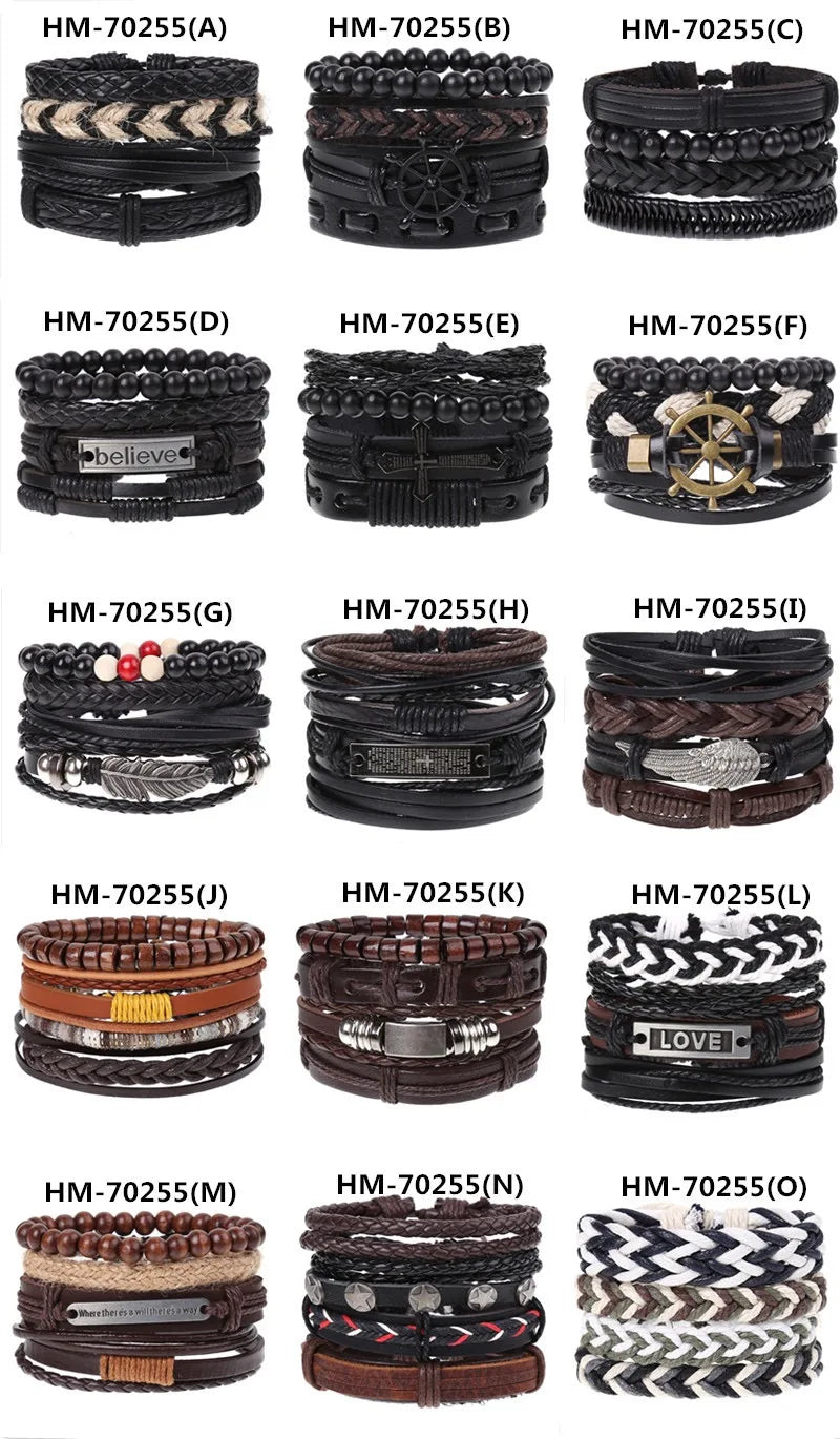 Collection de bracelets en cuir multicouches pour hommes — modèles HM-70255(A à O) avec perles, messages gravés ("believe", "LOVE") et designs nautiques.