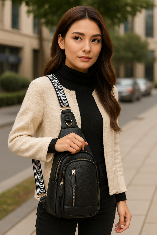 Jeune femme élégante portant un sac à bandoulière noir avec sangle graphique, habillée d’un col roulé noir et d’une veste beige, marchant en ville.

