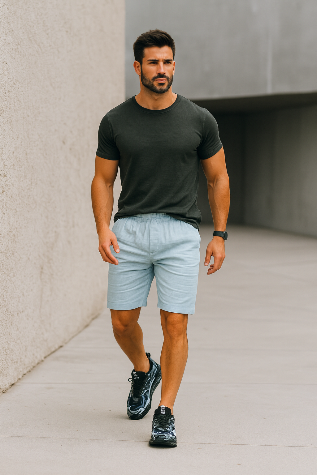 Homme musclé marchant en extérieur, vêtu d’un t-shirt noir, d’un short bleu clair et de baskets noires design ALTAREV.