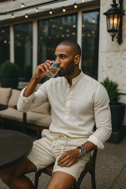 Homme élégant portant un short en coton-lin beige, idéal pour l’été – ALTAREV.
