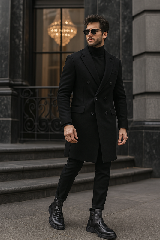 Homme charismatique en manteau noir chic, lunettes de soleil et bottes ALTAREV, marchant devant un bâtiment élégant.