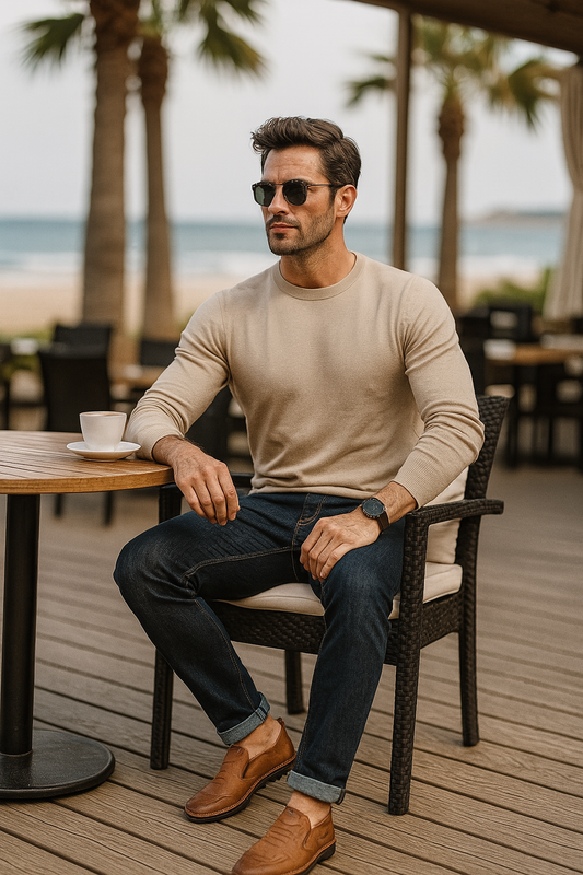 Homme charismatique en tenue décontractée chic, assis en terrasse au bord de la plage, portant des mocassins  clair, un pull beige et un jean foncé.