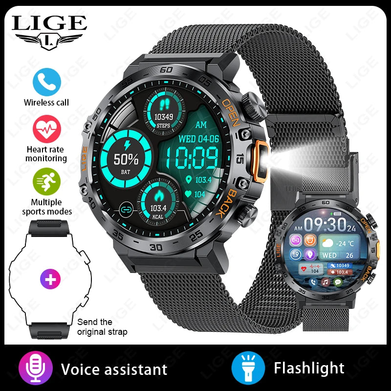 Montre connectée LIGE pour homme avec bracelet Black Mesh, écran HD, assistant vocal, modes sportifs, cardiofréquencemètre et lampe torche.

