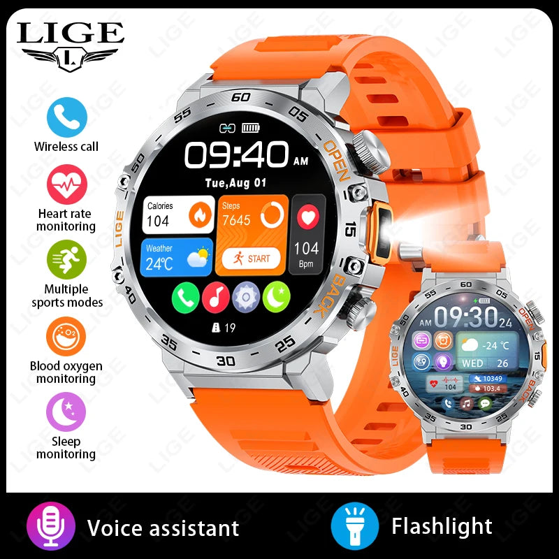 Montre connectée LIGE pour homme avec bracelet en silicone orange, écran couleur, appels Bluetooth, surveillance cardiaque et lampe torche.
