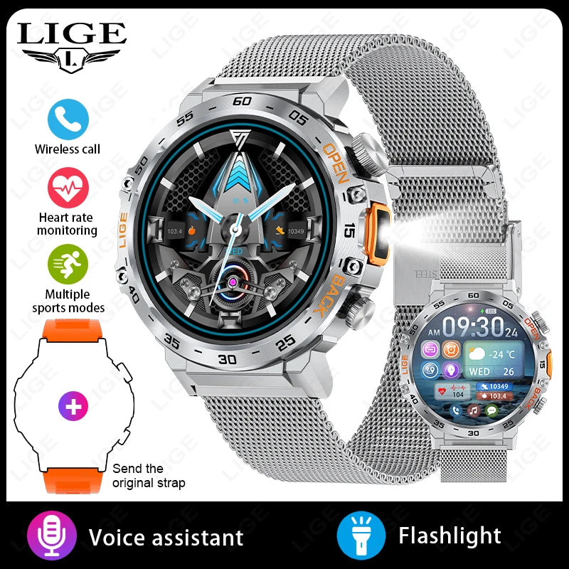 Montre connectée LIGE pour homme avec bracelet Silver Mesh, design mécanique, assistant vocal, cardiofréquencemètre et lampe torche.