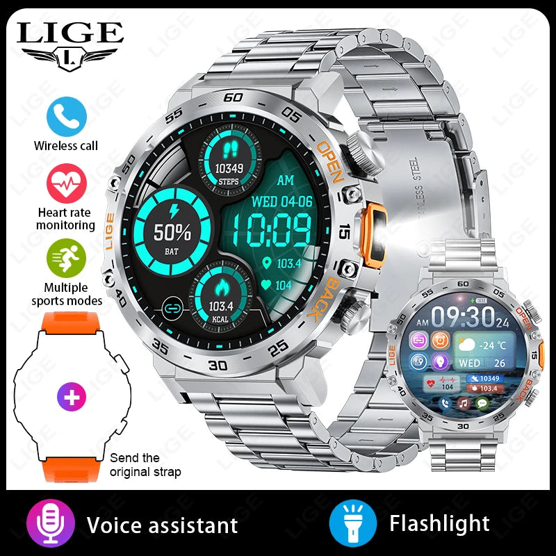 Montre connectée LIGE pour homme avec bracelet en acier inoxydable argenté, écran digital, appels Bluetooth, suivi d'activité et lampe torche intégrée.

