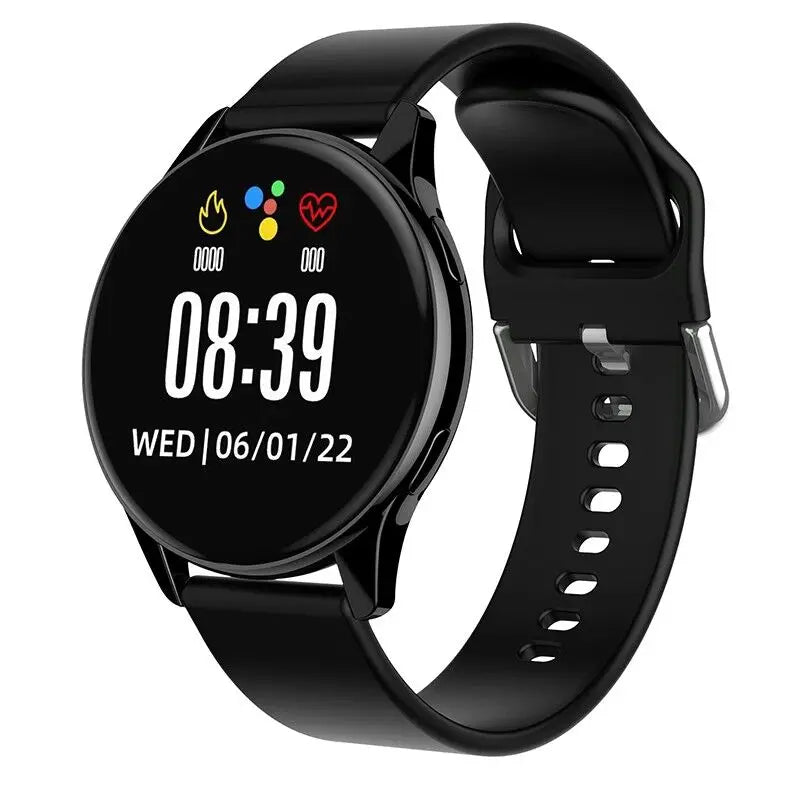 Montre connectée LIGE avec cadran noir affichant des icônes santé, écran digital blanc et coloré, et bracelet noir en silicone souple.
