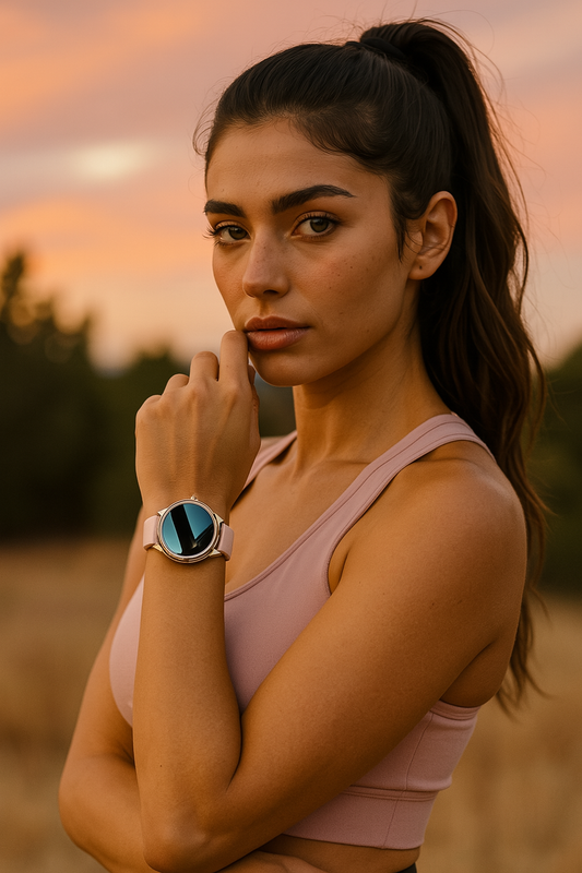 Femme sportive élégante portant une montre connectée au bracelet rose, posant au coucher du soleil avec un cadran digital stylé – idéal pour le sport et le quotidien – ALTAREV
