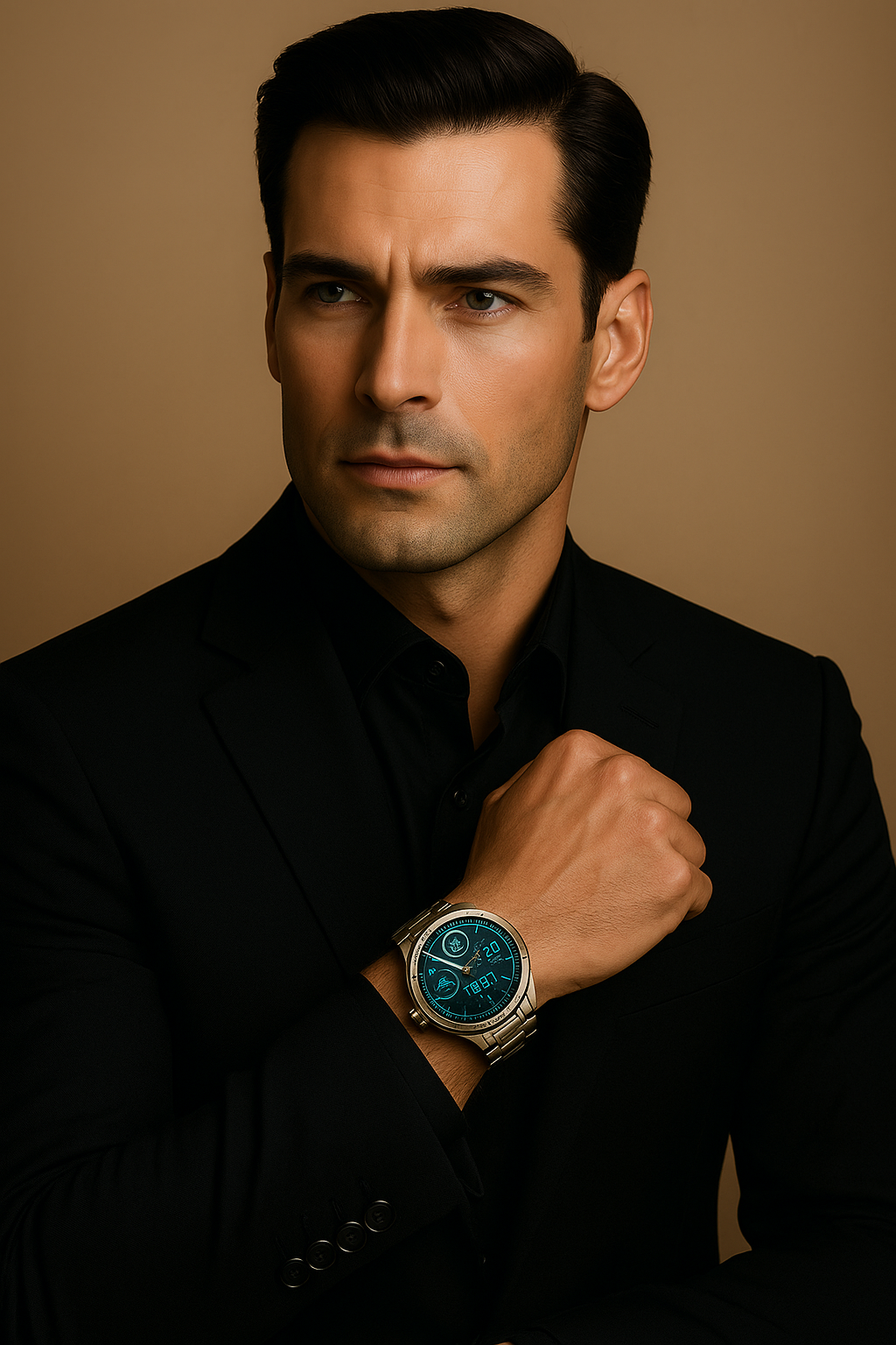 Homme élégant en costume portant une montre connectée noire avec cadran digital vert fluo, associant style professionnel et technologie moderne – ALTAREV
