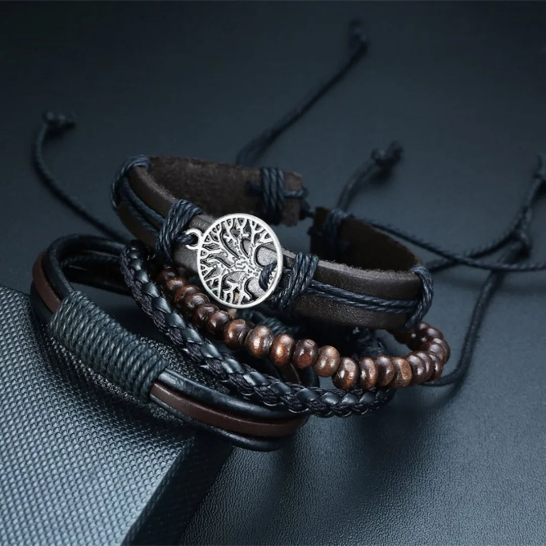 Lot de 4 bracelets homme en cuir et perles, style vintage avec pendentif arbre de vie