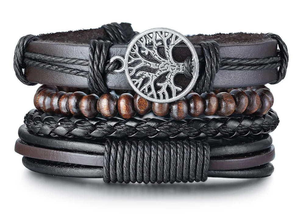 Lot de 4 bracelets homme en cuir et perles, style vintage avec pendentif arbre de vie