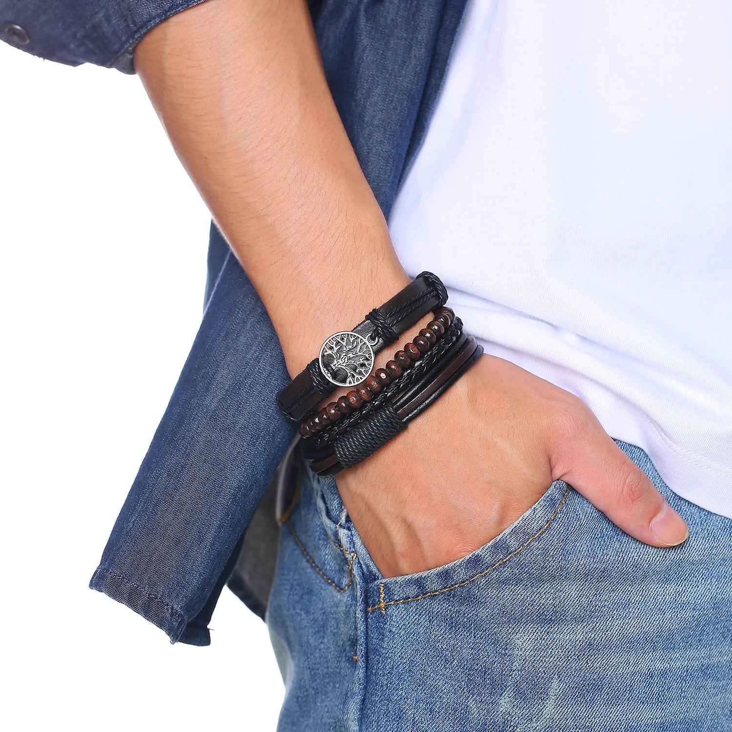 Lot de 4 bracelets homme en cuir et perles, style vintage avec pendentif arbre de vie