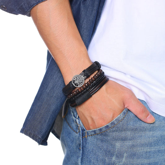 Lot de 4 bracelets homme en cuir et perles, style vintage avec pendentif arbre de vie
