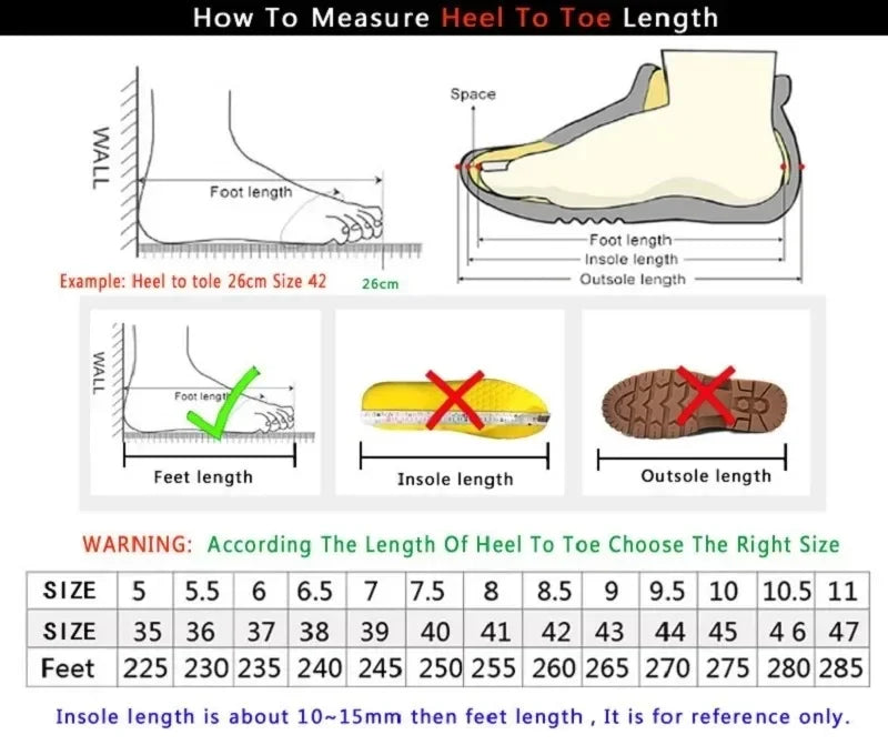 Guide des tailles de chaussures avec instructions pour mesurer la longueur du pied du talon à l’orteil, tableau des pointures de 35 à 47 et conseils de mesure."