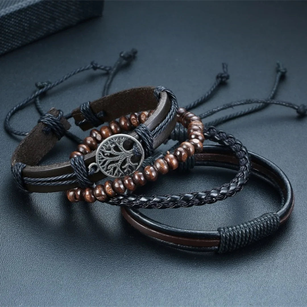 Lot de 4 bracelets homme en cuir et perles, style vintage avec pendentif arbre de vie