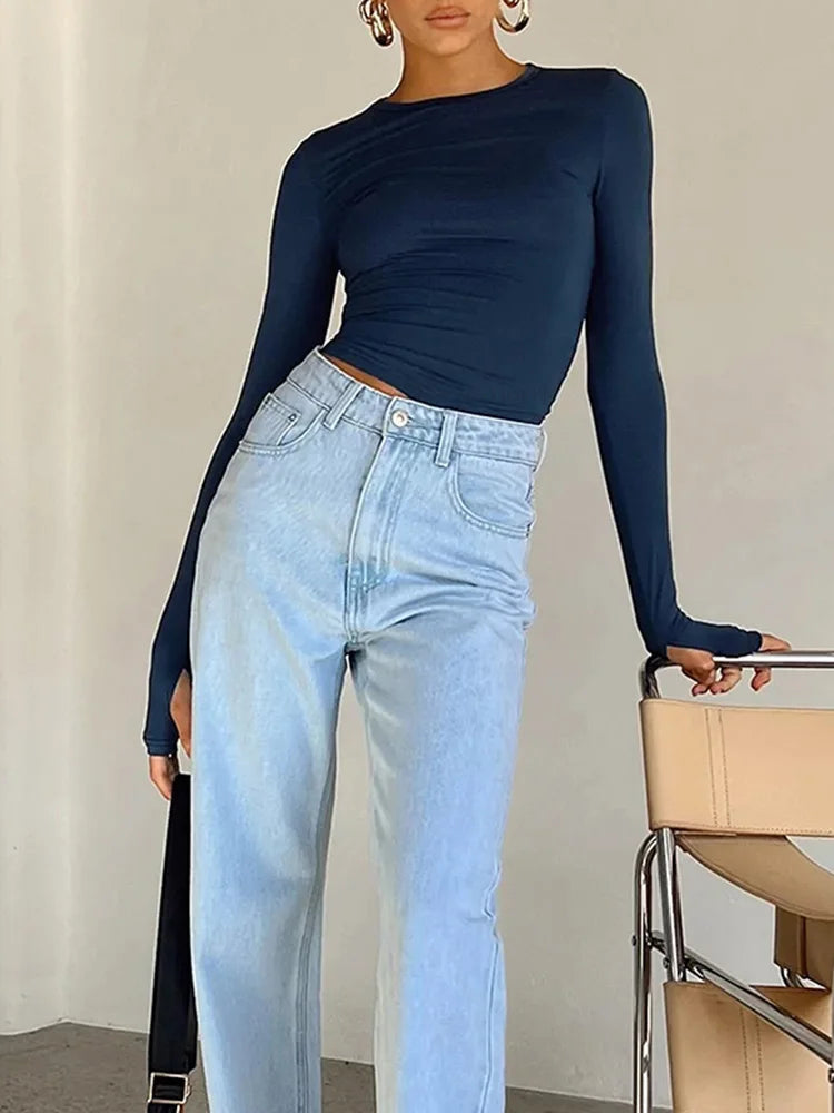Crop Top Slim à Manches Longues