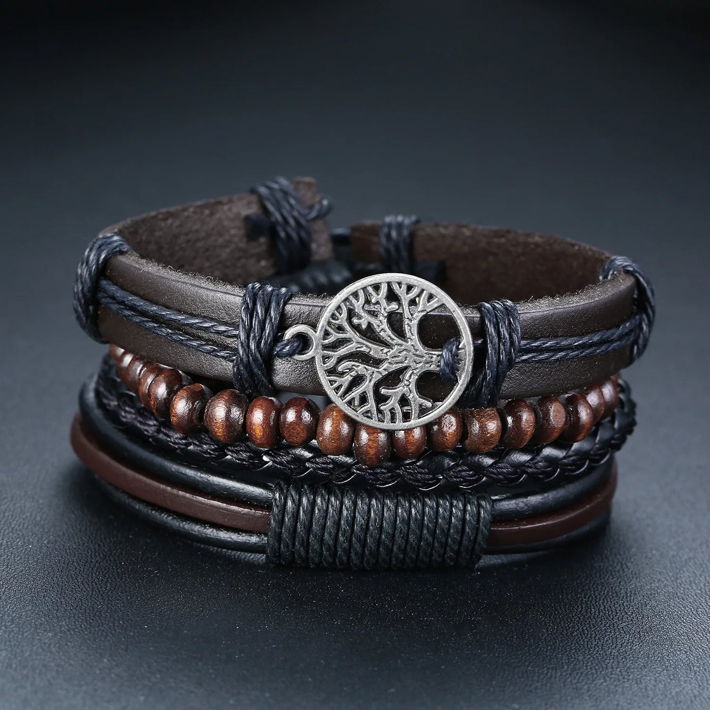 Lot de 4 bracelets homme en cuir et perles, style vintage avec pendentif arbre de vie