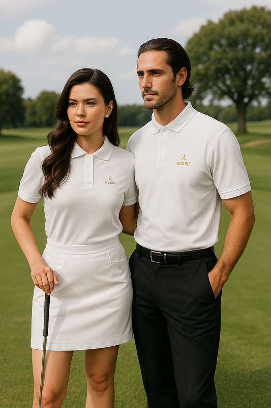 Couple élégant portant les polos ALTAREV blancs brodés or sur un terrain de golf, look chic et raffiné.

