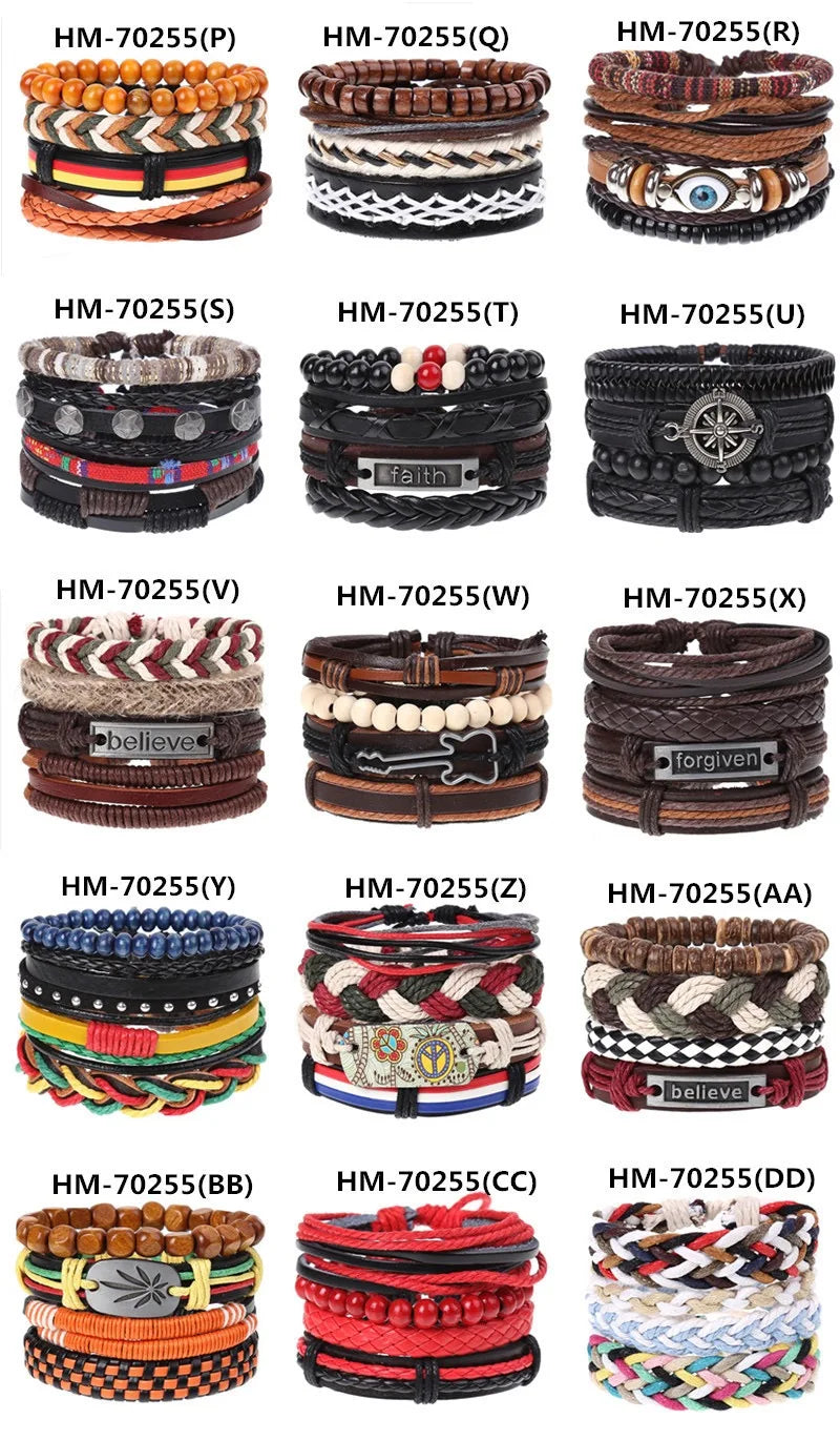 Ensemble de bracelets multicouches en cuir, perles et cordons, avec inscriptions comme "faith", "believe" et "forgiven" — style bohème et symbolique.
