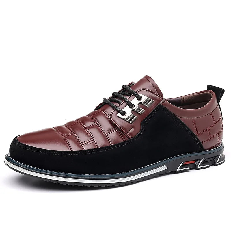 Chaussure homme élégante rouge bordeaux et noire – modèle ALTAREV avec détails métalliques et semelle design.