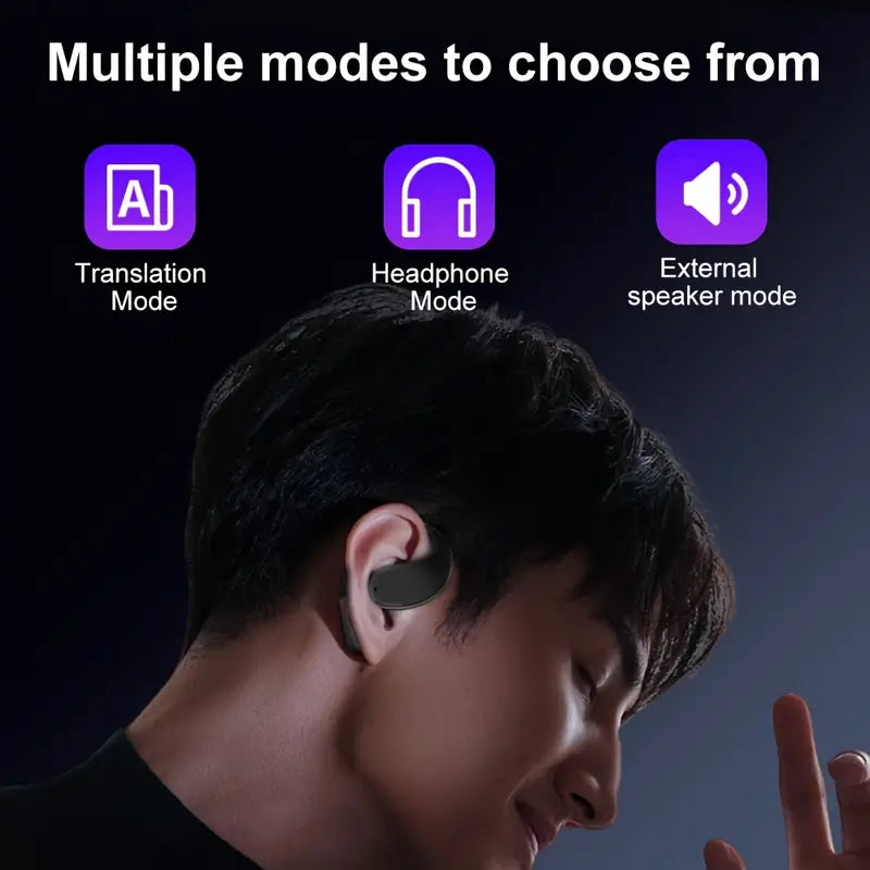 Écouteurs traducteurs intelligents – Traduction instantanée de 144 langues, design noir ergonomique avec affichage LED, boîtier de charge moderne et indications multilingues (Bonjour, Hello, Ciao, etc.).


