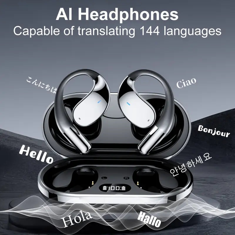 Écouteurs traducteurs AI avec boîtier de charge – Traduction instantanée de 144 langues, design ergonomique noir, affichage LED et textes multilingues flottants (Hello, Bonjour, Ciao, Hola, etc.)

