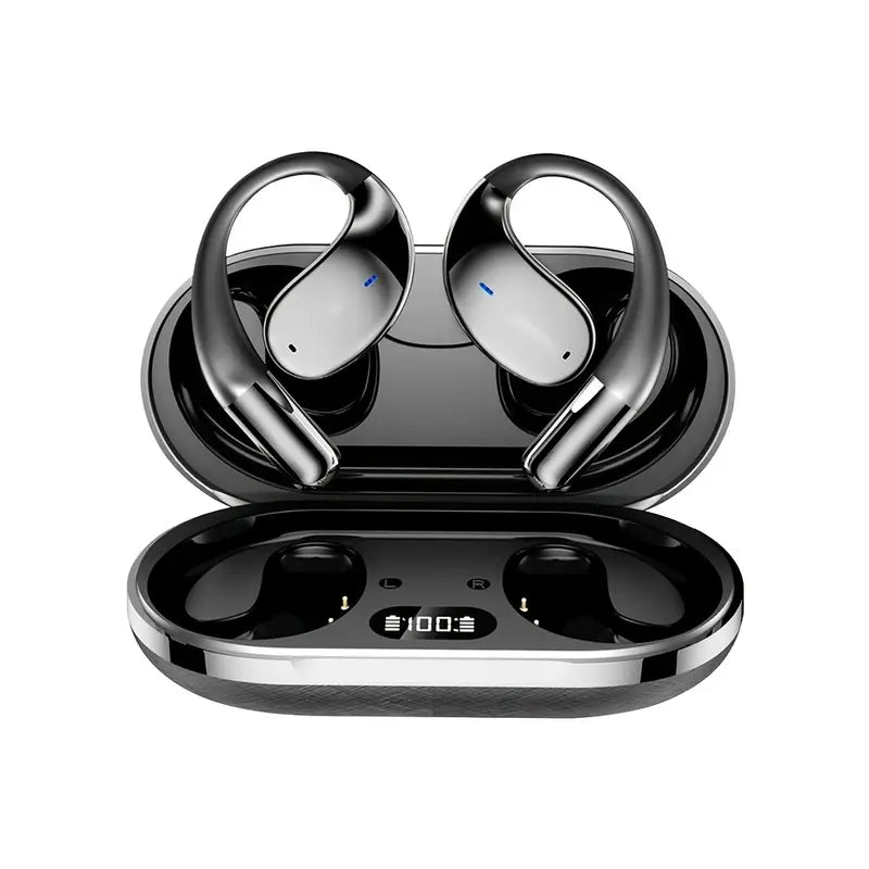 Écouteurs traducteurs intelligents en noir chrome avec boîtier de charge – Technologie Bluetooth, affichage LED, design ergonomique