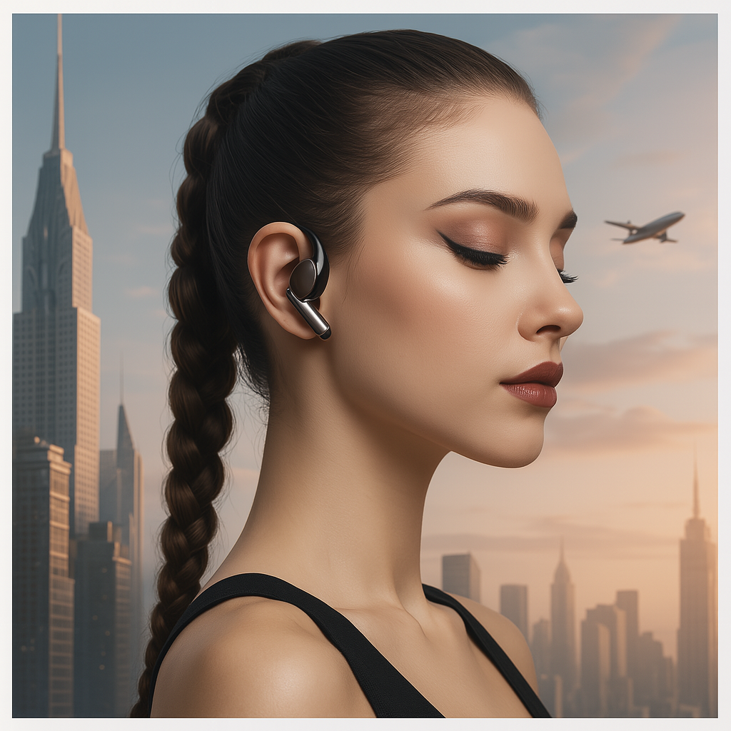 Femme avec tresse serrée portant un écouteur sans fil noir au design futuriste, sur fond de skyline urbaine avec avion en vol – symbole de liberté, technologie et voyage – ALTAREV
