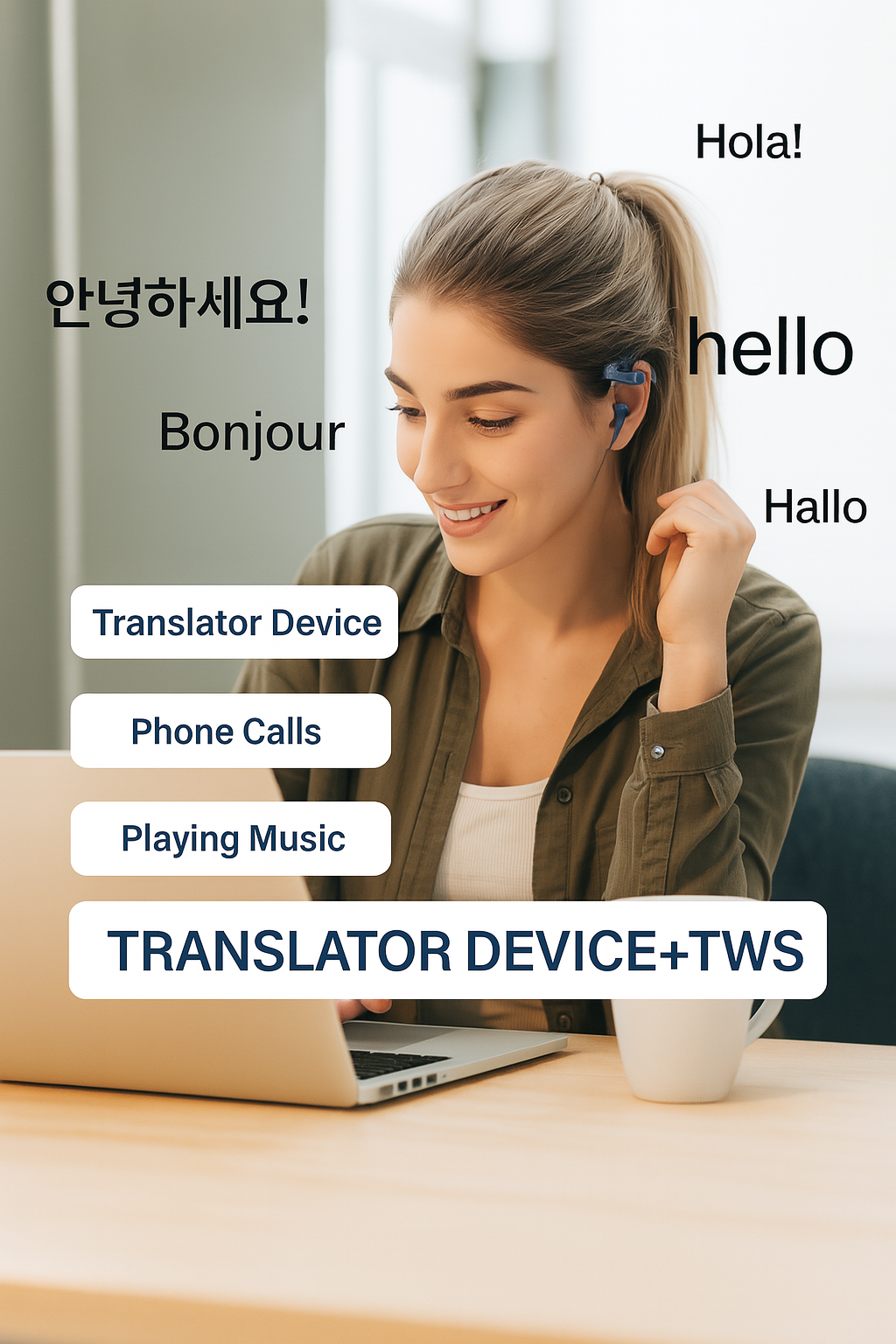 Femme portant un écouteur traducteur intelligent Bluetooth TWS, fonction traduction multilingue, appels et musique – idéal pour les voyageurs et professionnels – ALTAREV

