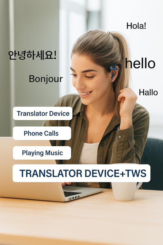 Femme portant un écouteur traducteur intelligent Bluetooth TWS, fonction traduction multilingue, appels et musique – idéal pour les voyageurs et professionnels – ALTAREV
