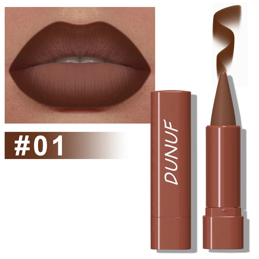 Rouge à lèvres DUNUF teinte 01 – rendu brun intense sur les lèvres, bâton de rouge velouté, effet mat longue tenue
