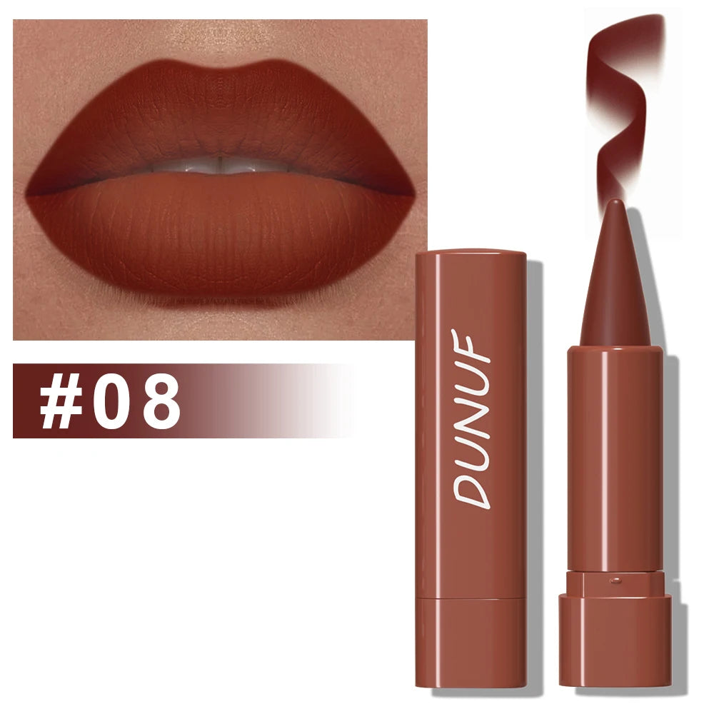 Rouge à lèvres DUNUF teinte 08 – rendu brun intense sur les lèvres, bâton de rouge velouté, effet mat longue tenue
